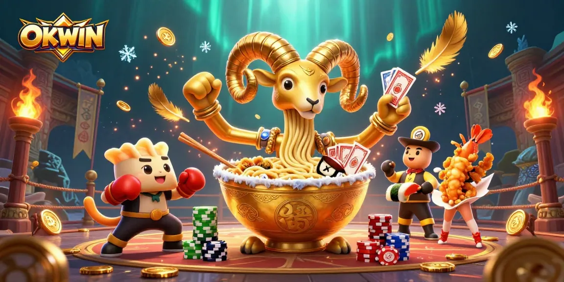 Engage in thrilling gameplay with OKWIN, featuring energetic characters and vibrant casino elements.