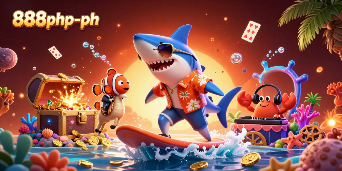 Experience the excitement of 888php-ph with a vibrant underwater casino scene featuring a surfing shark and treasure