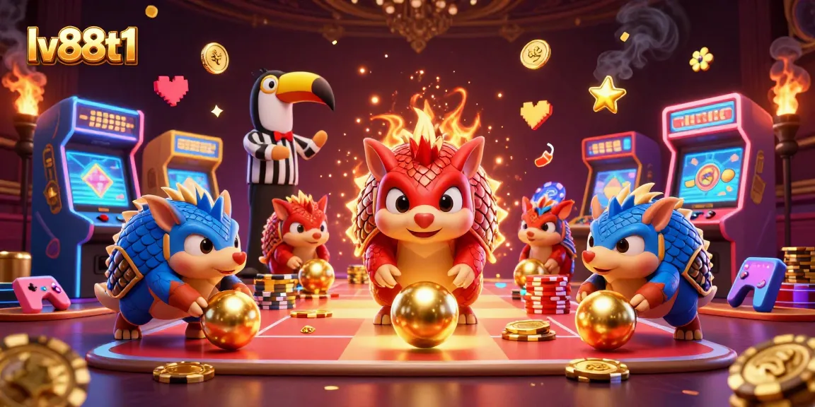 Engage with lv88t1 and enjoy playful pangolins rolling golden balls amid vibrant casino elements.