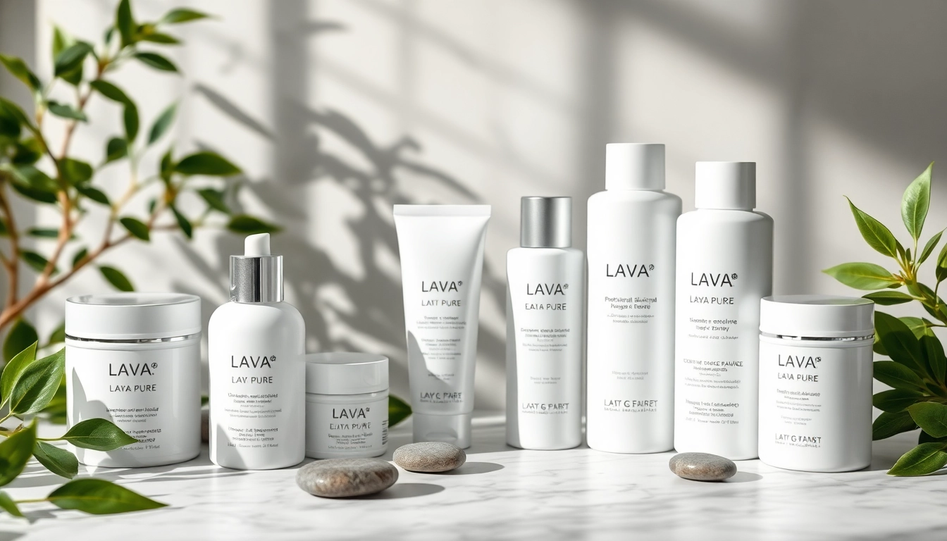 LAVA PURE skincare product beautifully displayed on a marble surface with green accents.