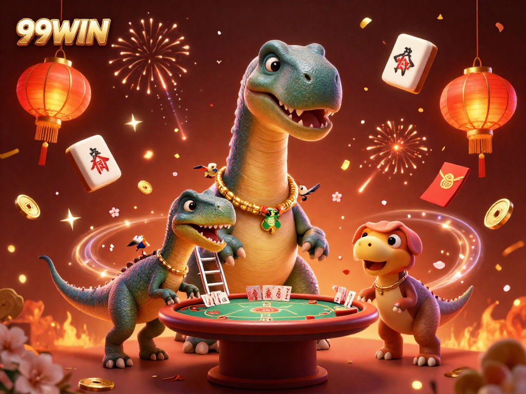 Engage in thrilling games at 99WIN with a vibrant 3D casino scene featuring dynamic characters and festive decorations.