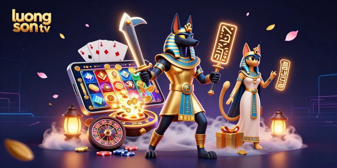 Experience thrilling moments with luong son tv and a 3D scene of an Egyptian warrior and sacred cat amidst gambling elements.