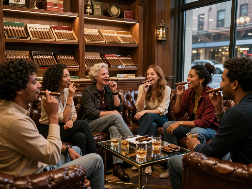 Friends enjoying cigars like rokok 88 in a cozy urban cigar lounge.