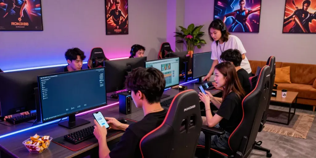 Gamers enjoying ROKOK88 login in a vibrant gaming lounge with LED lights.