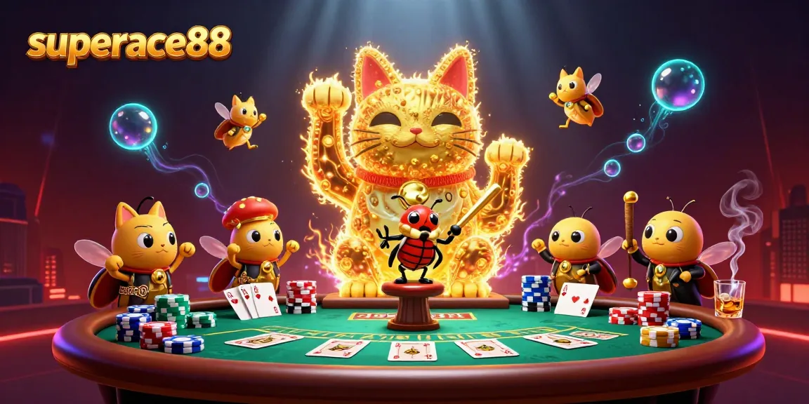 Join the fun at superace88 with a vibrant scene of a lucky cat amid casino games and excitement.