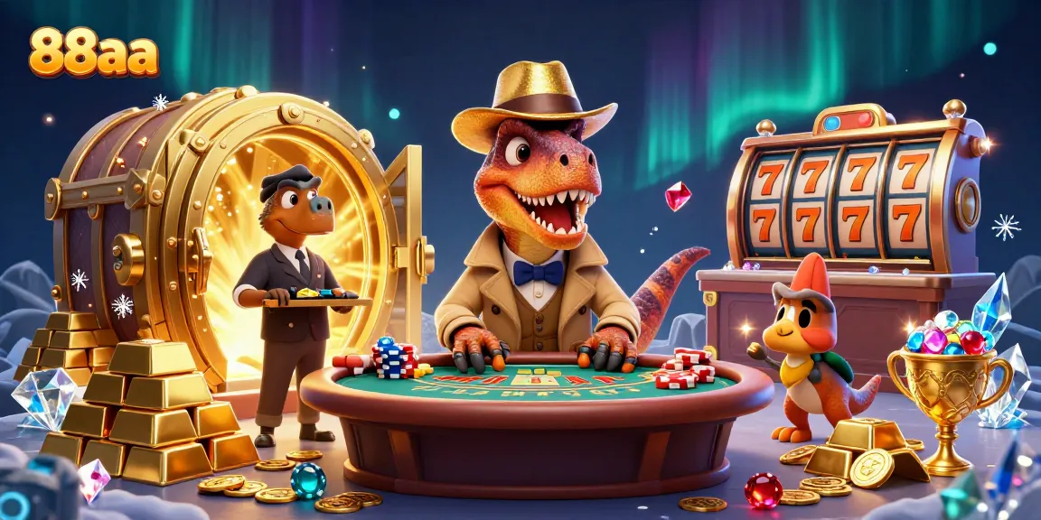 Engage with 88aa in a lively casino scene featuring a velociraptor card counter and treasures.