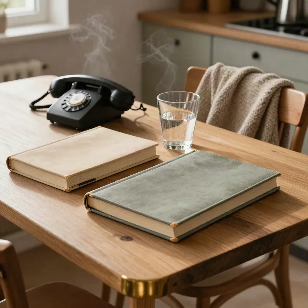Notes, telefon, woda i sweter na kuchennym stole, z parą z czajnika w tle