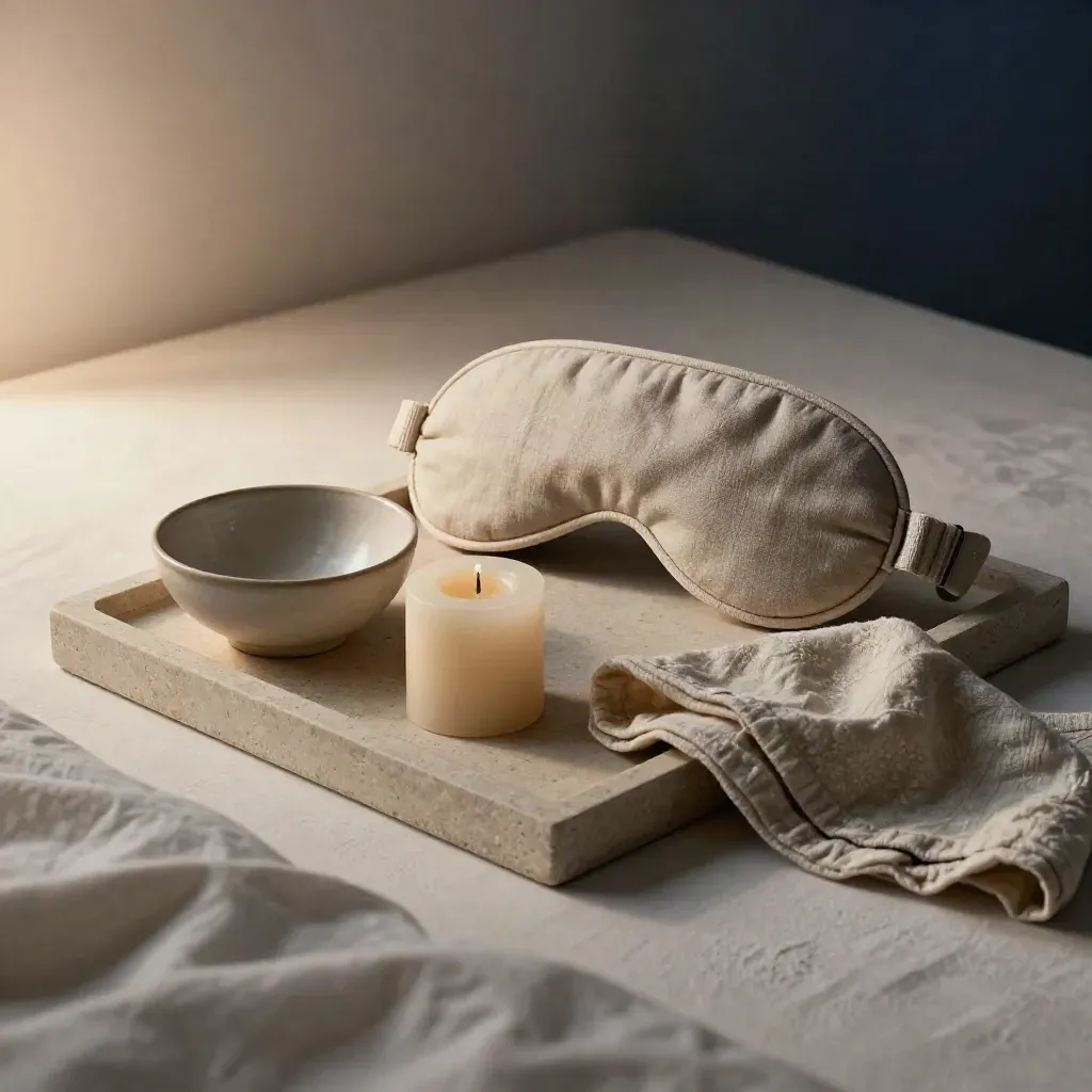 Lniana maska na oczy, świeca i ceramiczna miseczka na nocnej tacy przy łóżku.