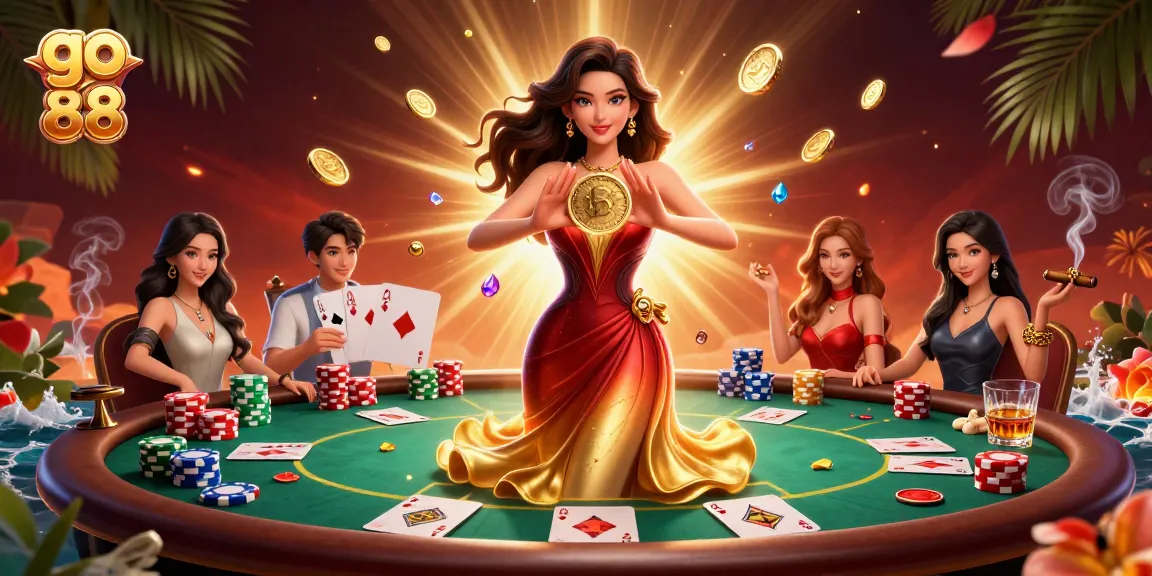 Experience the excitement of go 88 with a stunning Asian woman holding a golden coin in a rich casino environment.