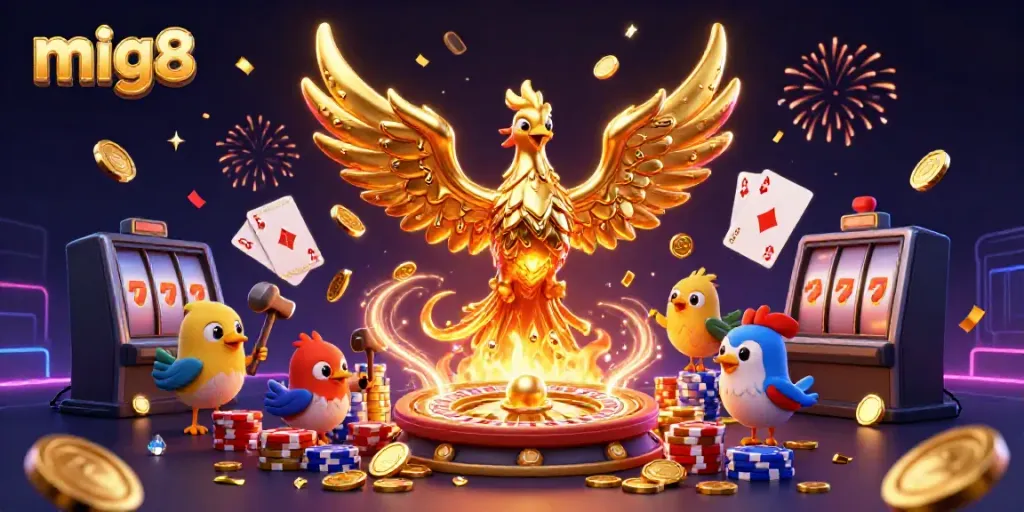 Experience the excitement of gaming with mig8's golden phoenix amidst captivating casino elements.