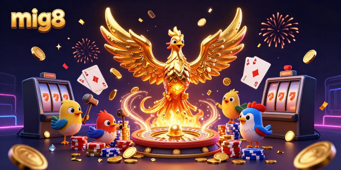 Experience the excitement of gaming with mig8's golden phoenix amidst captivating casino elements.