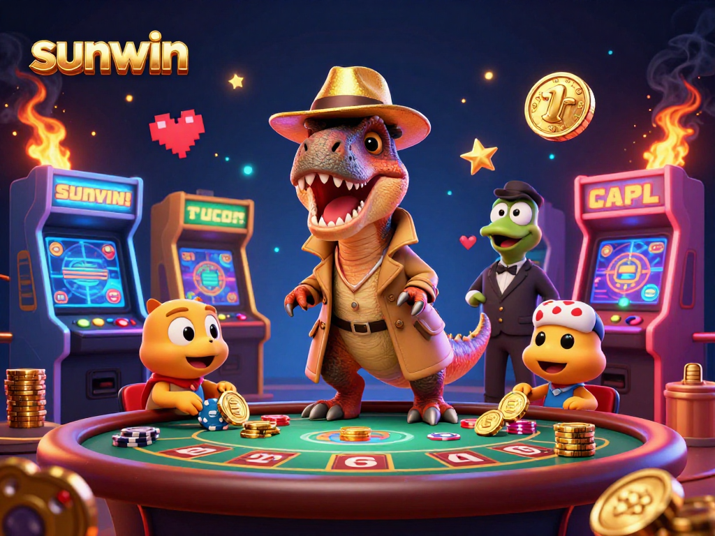Sunwin showcases a velociraptor at a blackjack table, alongside a suspicious stegosaurus and a sneaky compy.
