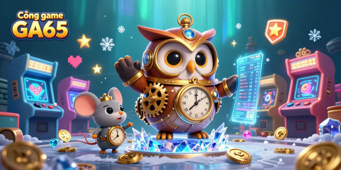 Cổng game GA65 offers a vibrant gaming experience with a time-traveler owl and arcade elements, capturing the essence of online gambling.