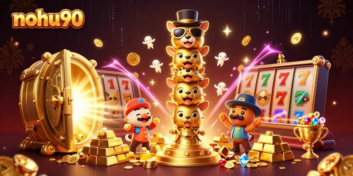 Engage in the exciting world of nohu90 with a vibrant 3D casino scene featuring jackpots and game symbols.