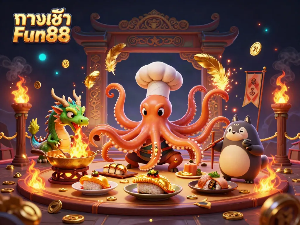 Experience excitement with ทางเข้า Fun88, featuring a sushi chef octopus and a dragon in a vibrant casino scene.