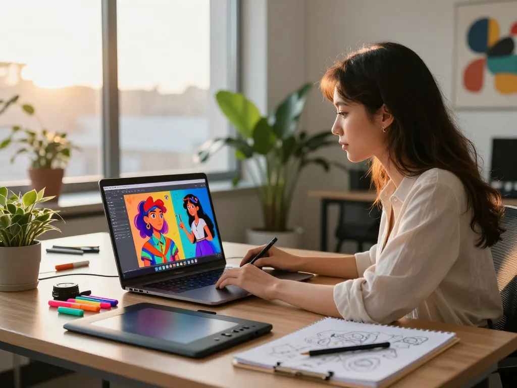 Creative workspace showcasing a young woman using Crush on AI for digital art, with AI-generated images on screen and artistic tools around.