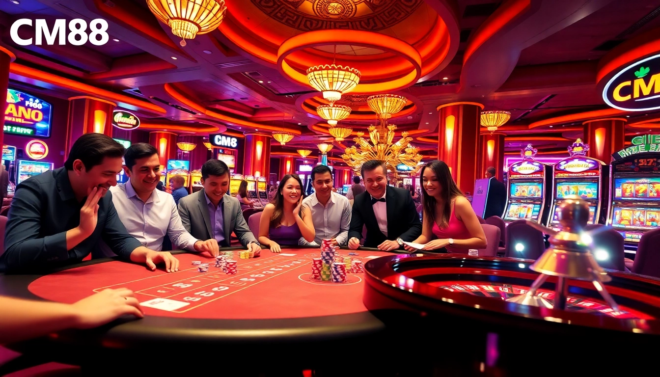 Players enjoying games at CM88 casino with poker, roulette, and slot machines in action.