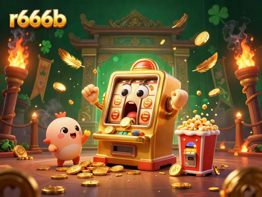 Experience the excitement of r666b as golden slot machines celebrate a jackpot amidst shimmering coins and vibrant colors.