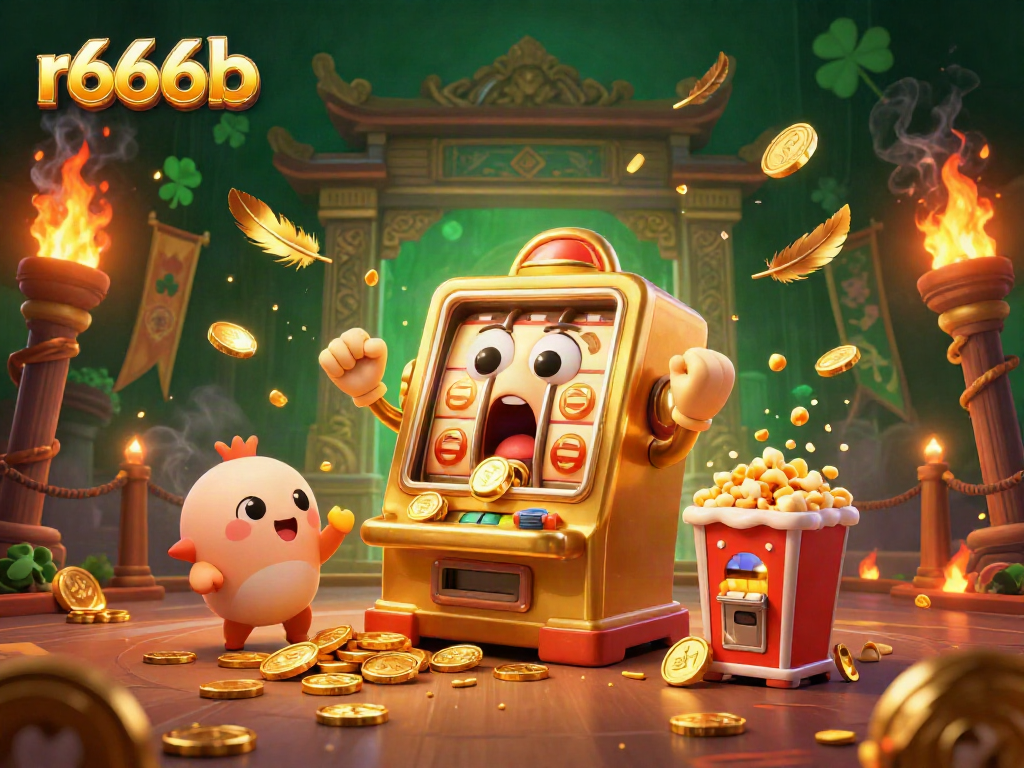Experience the excitement of r666b as golden slot machines celebrate a jackpot amidst shimmering coins and vibrant colors.