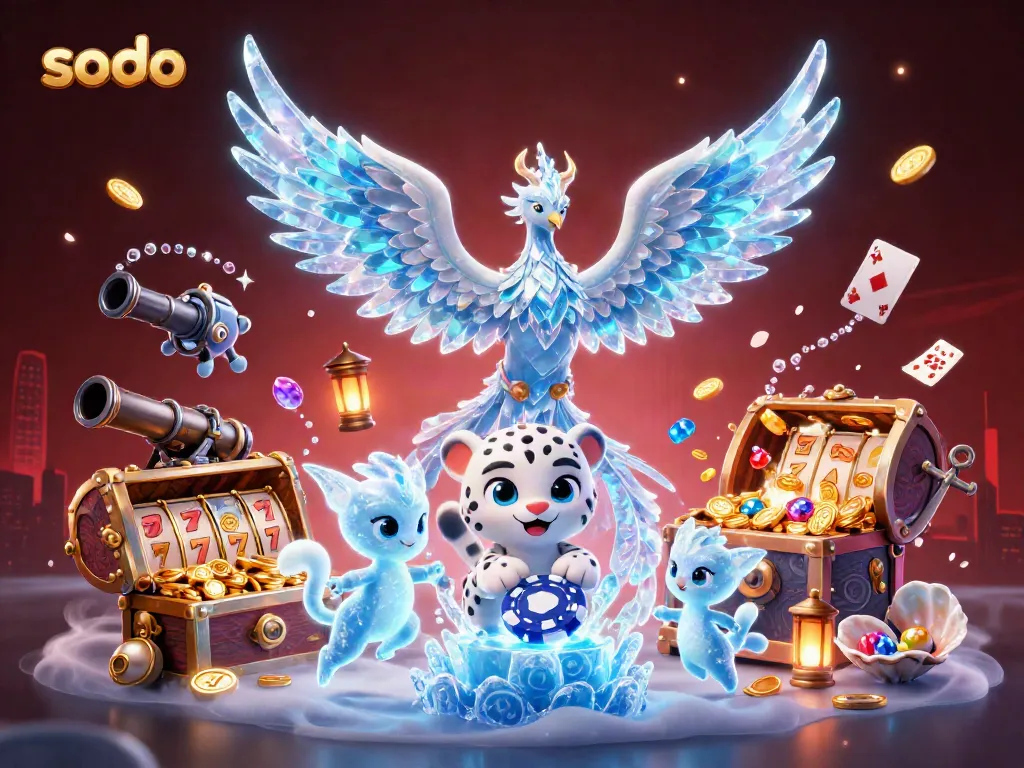 Sodo's vibrant online gaming scene showcases an ice phoenix, snow leopard, and glowing sprites amidst slot reels.