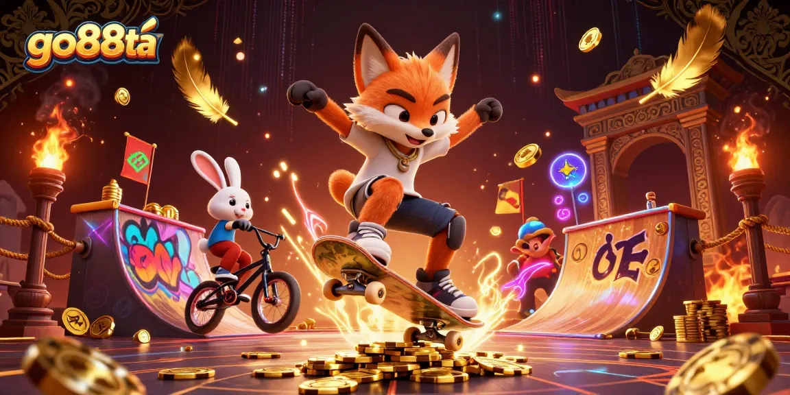 Experience go88ta's thrilling action with a skateboarder fox and BMX rabbit in a vibrant casino scene.