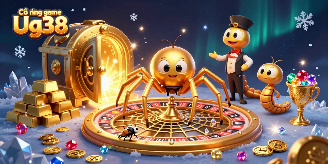 Cổng game Ug38 features a thrilling scene with a golden spider, fly, and centipede croupier in an excitement-filled casino illustration.