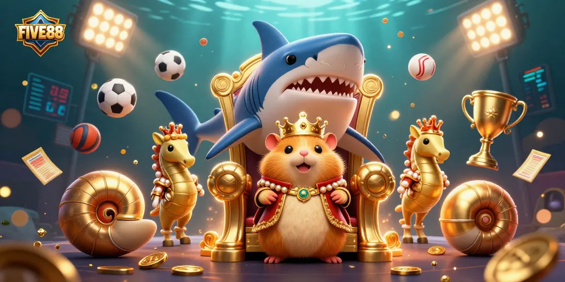Betting excitement at FIVE88 with a fierce golden hamster king, sports elements, and a dynamic 3D scene.
