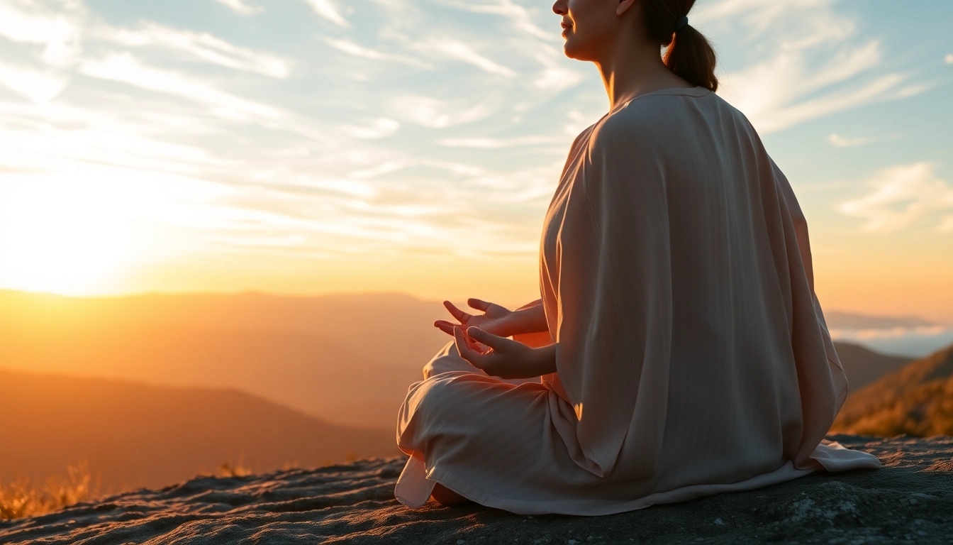 Meditating person on a mountaintop illustrating emotional wellbeing and tranquility.
