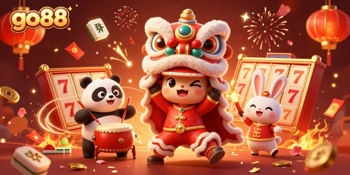 Experience the excitement of go88 with a lively casino scene featuring a lion dance, jackpots, and festive elements.