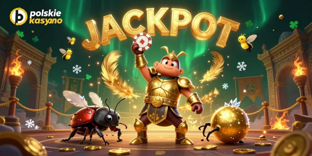 Win big at polskie kasyno bitcoin with a victorious beetle hero lifting a poker chip!