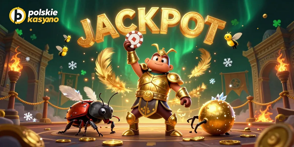 Win big at polskie kasyno bitcoin with a victorious beetle hero lifting a poker chip!