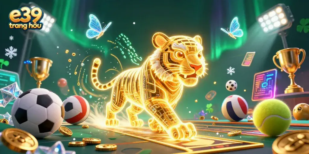 Engage in dynamic gaming with e39 trang chủ in a vibrant digital casino landscape featuring a golden tiger.
