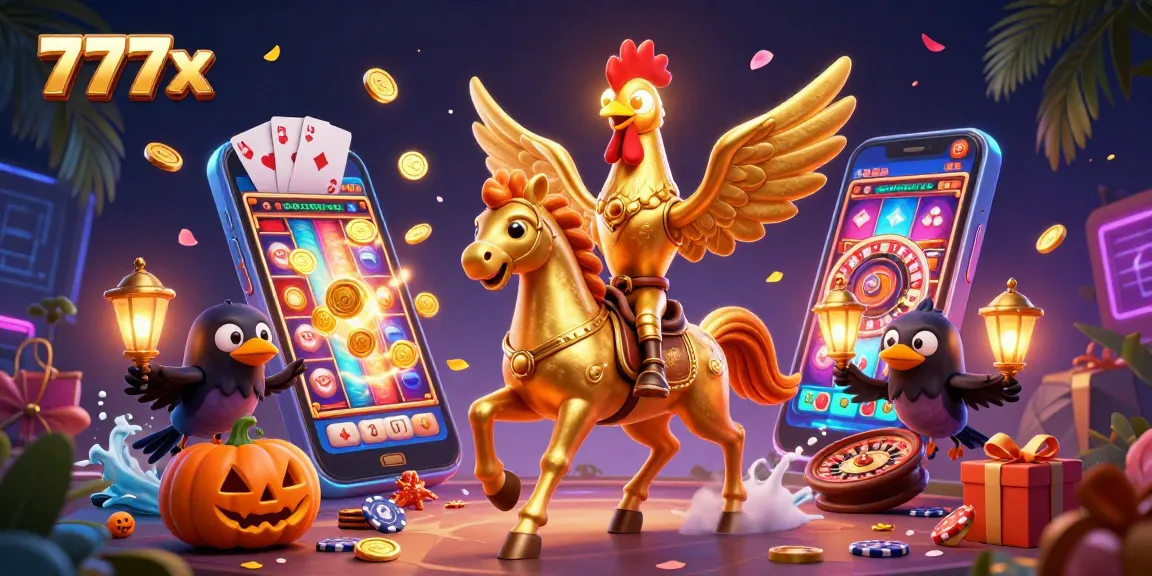 Experience thrilling gameplay with 777x in this vibrant casino scene featuring golden rooster characters.
