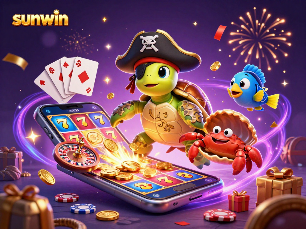 Experience sunwin with a vibrant underwater scene featuring a pirate turtle, crab, and parrotfish amidst casino treasures.