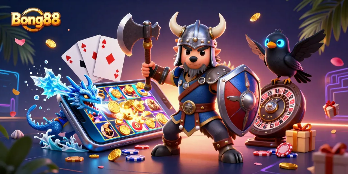 Bong88 engages players with thrilling 3D casino action featuring a Viking wolf warrior and vibrant slot games.