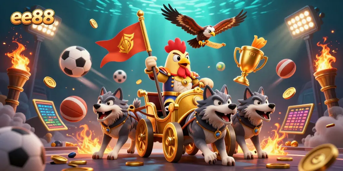 Experience thrilling sports betting with ee88 as a rooster warlord leads a golden chariot amidst dynamic game elements.