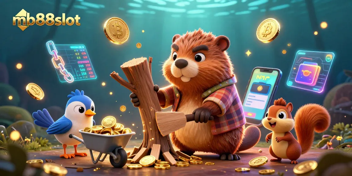 Spin to win with mb88slot as a cartoon beaver collects golden coins raining from a tree, embodying casino excitement.