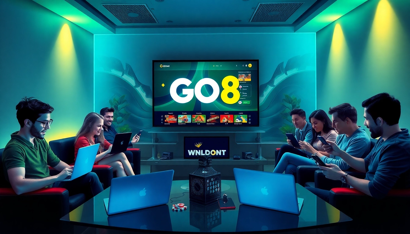 Engaging scene of players using GO8 platform in a stylish gaming lounge.