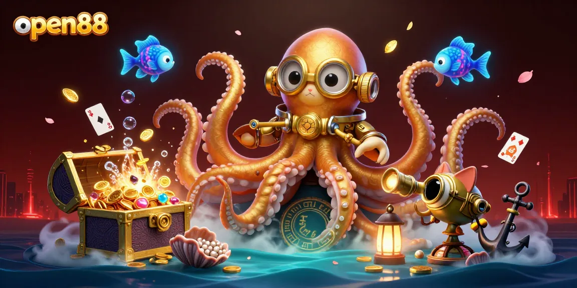 Experience the thrill of open88 with a colorful 3D scene of a kraken and diving cat amidst casino treasures.