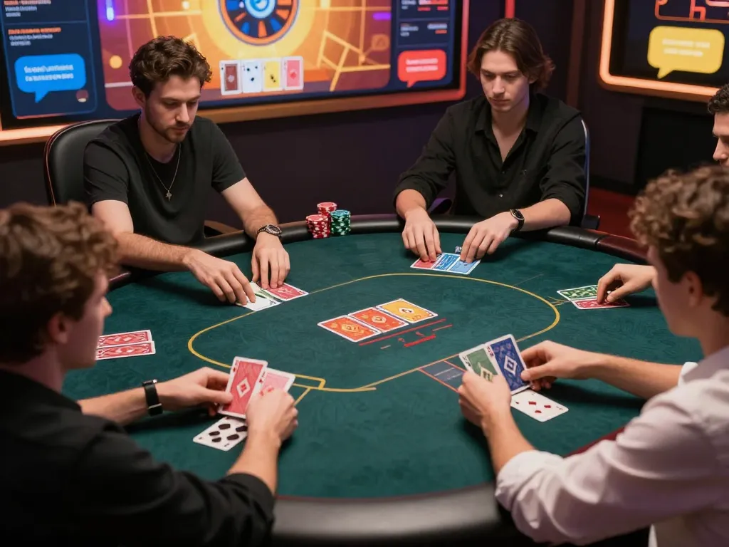 Players strategizing in an online poker game at G28 with animated cards and engaging interface.