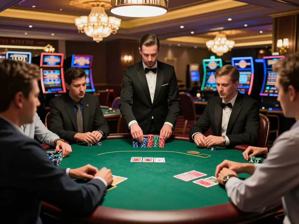 Players engaging in a high-stakes poker game at 79king with vibrant chips and cards, set in an upscale casino.