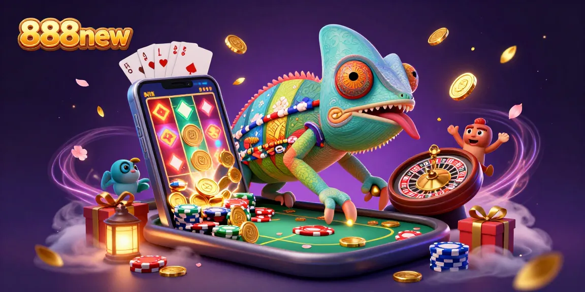 Engage with 888new's vibrant casino world featuring a chameleon owner in action.