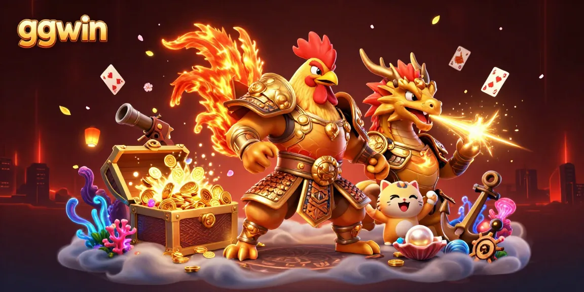ggwin illustrates a powerful rooster warrior and dragon hatchling amidst dynamic casino elements.