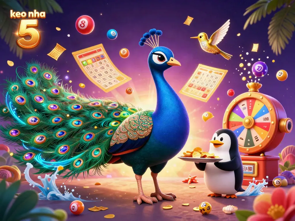 Engage with keo nha cai 5 in a vibrant, detailed casino-themed illustration featuring a peacock, penguin, and hummingbird.