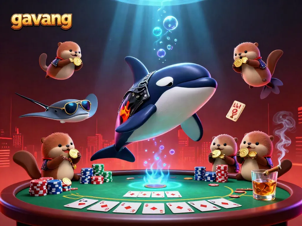 Experience thrilling poker action with Gavang's lively cast featuring an orca in a biker jacket and whimsical sea otters.