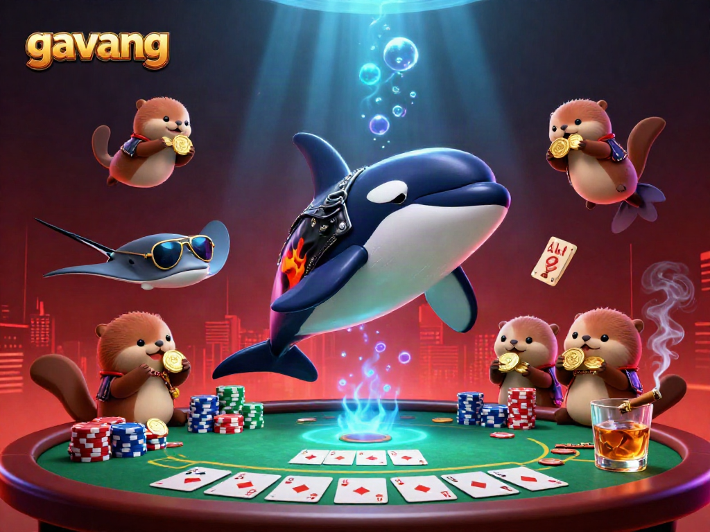 Experience thrilling poker action with Gavang's lively cast featuring an orca in a biker jacket and whimsical sea otters.