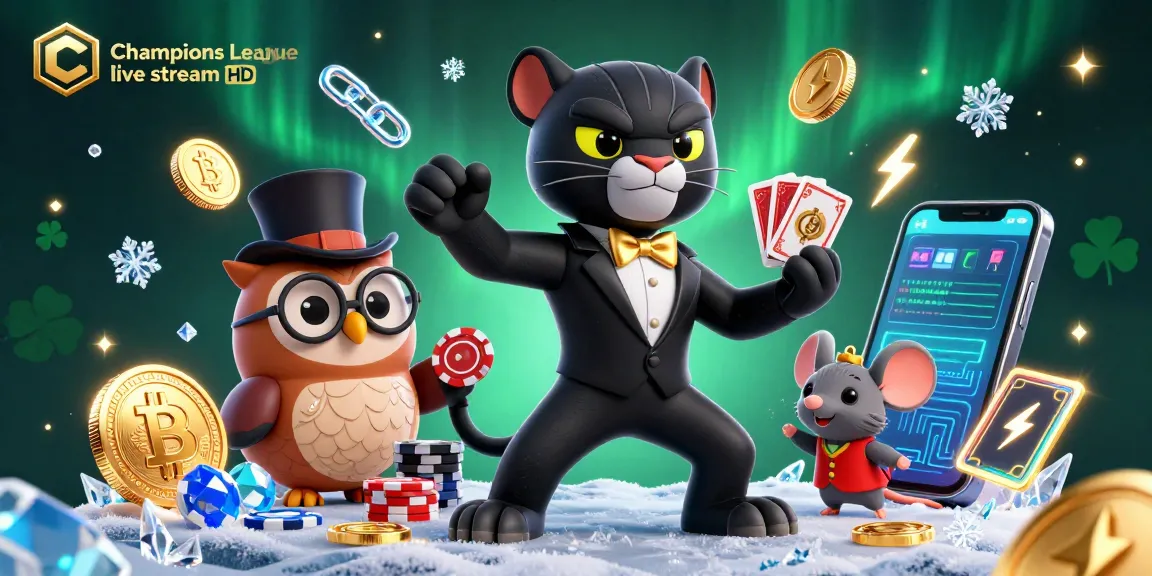 Experience Champions League live stream HD with a vibrant 3D casino illustration featuring a stylish panther and owl.