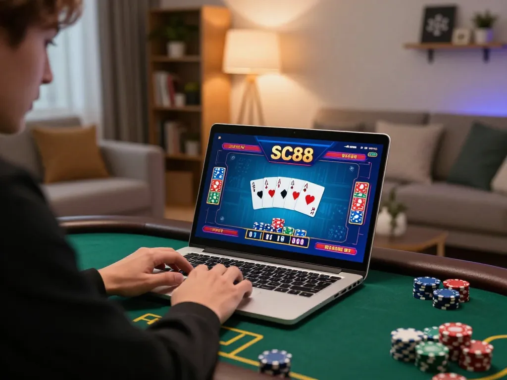 Player enjoying SC88 poker online, showcasing vibrant game interface and personal living room ambiance.