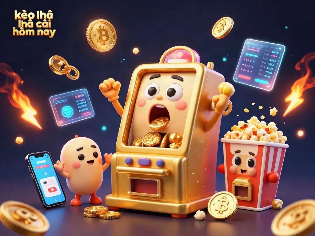 Kicking off kèo nhà cái hôm nay with a golden slot machine hitting the jackpot surrounded by cheering baby slots.