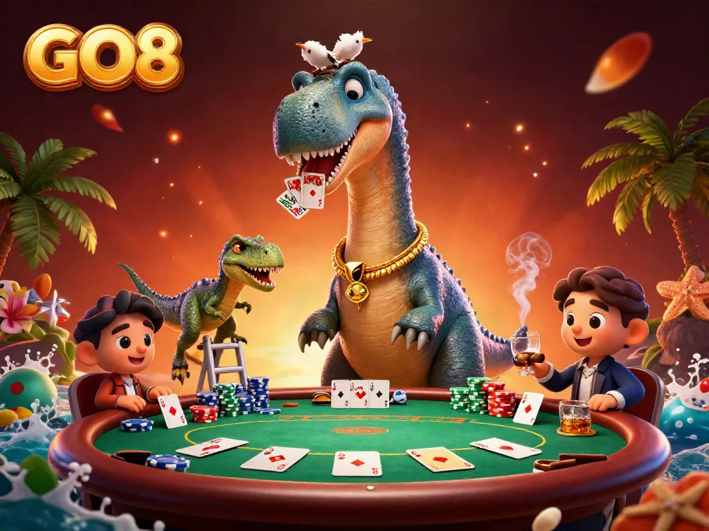 GO8 brings excitement with a towering brontosaurus overseeing a poker game in a vibrant casino.